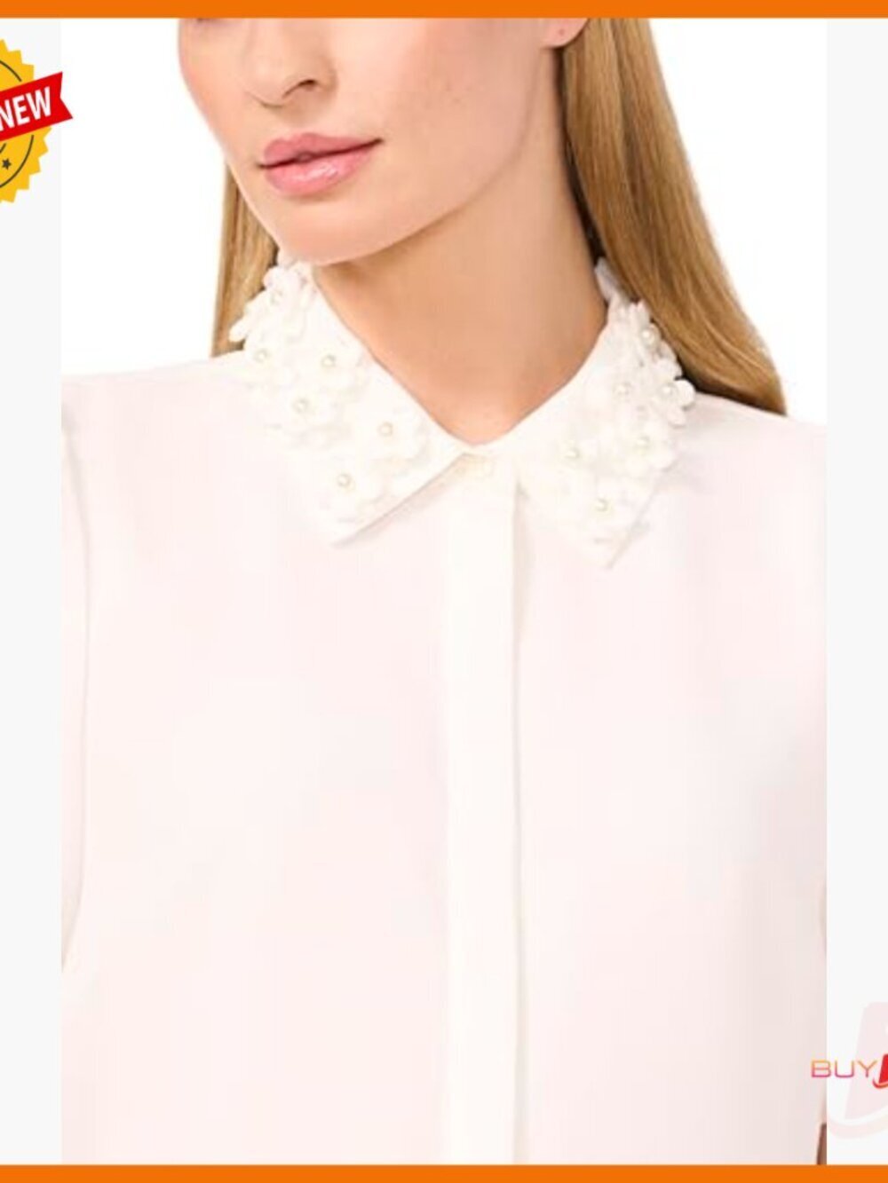 Embellished Collar Button Down Top, Short Sleeve, Polyester, Workwear - Picture 3 of 3
